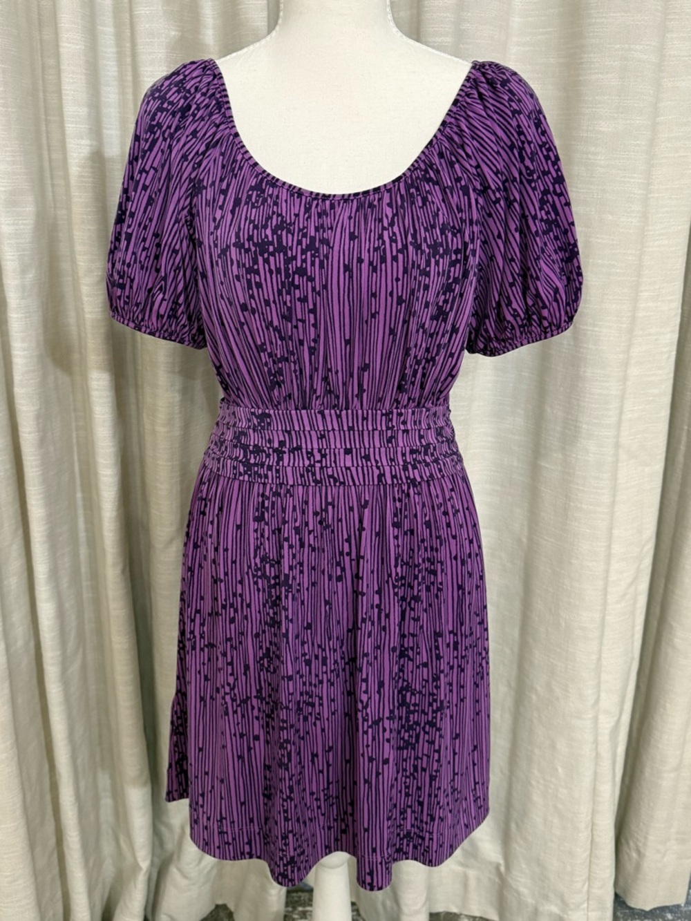 BCBGeneration Purple Patterned Puff Sleeve Mini Dress